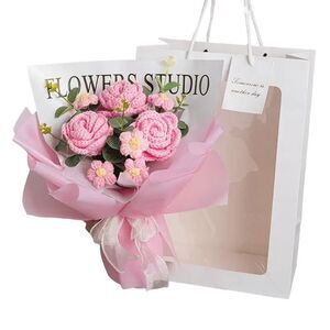 Pink Crochet Flowers Bouquet Knitted Rose Exquisite Gift Bag LED Gift for her